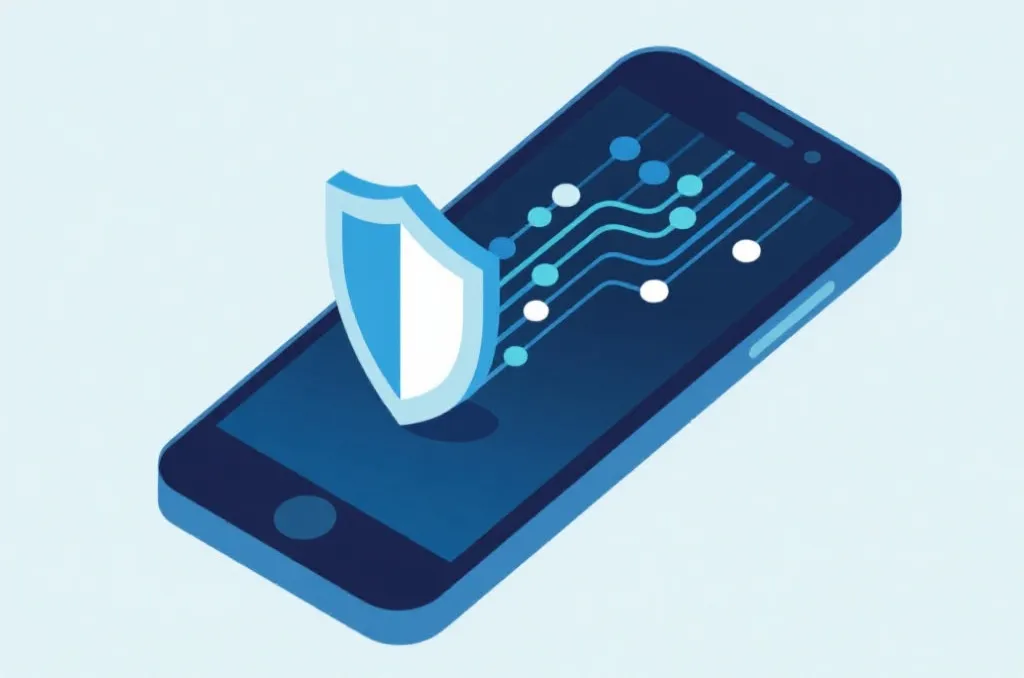 An illustration representing network security and fast connection, showing a shield icon and data streams on a smartphone screen, flat vector editorial design.